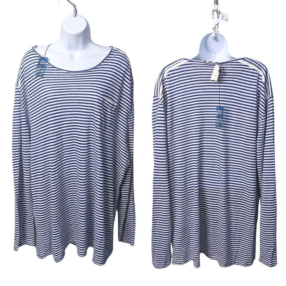 NWT RAFFI 100% Linen Blue & White Striped Coastal Grandma LS Tee Size XXL